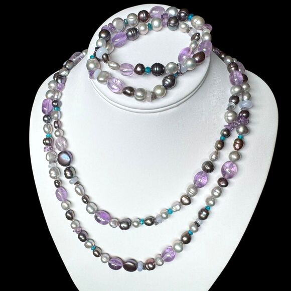 Honora 40 in Pearl & Amethyst Gemstone Necklace and Bracelets, Black, Silver - Picture 3 of 13